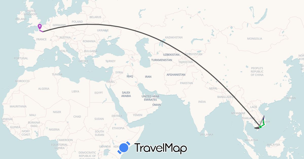 TravelMap itinerary: driving, bus, plane, train, motorbike in France, Vietnam (Asia, Europe)